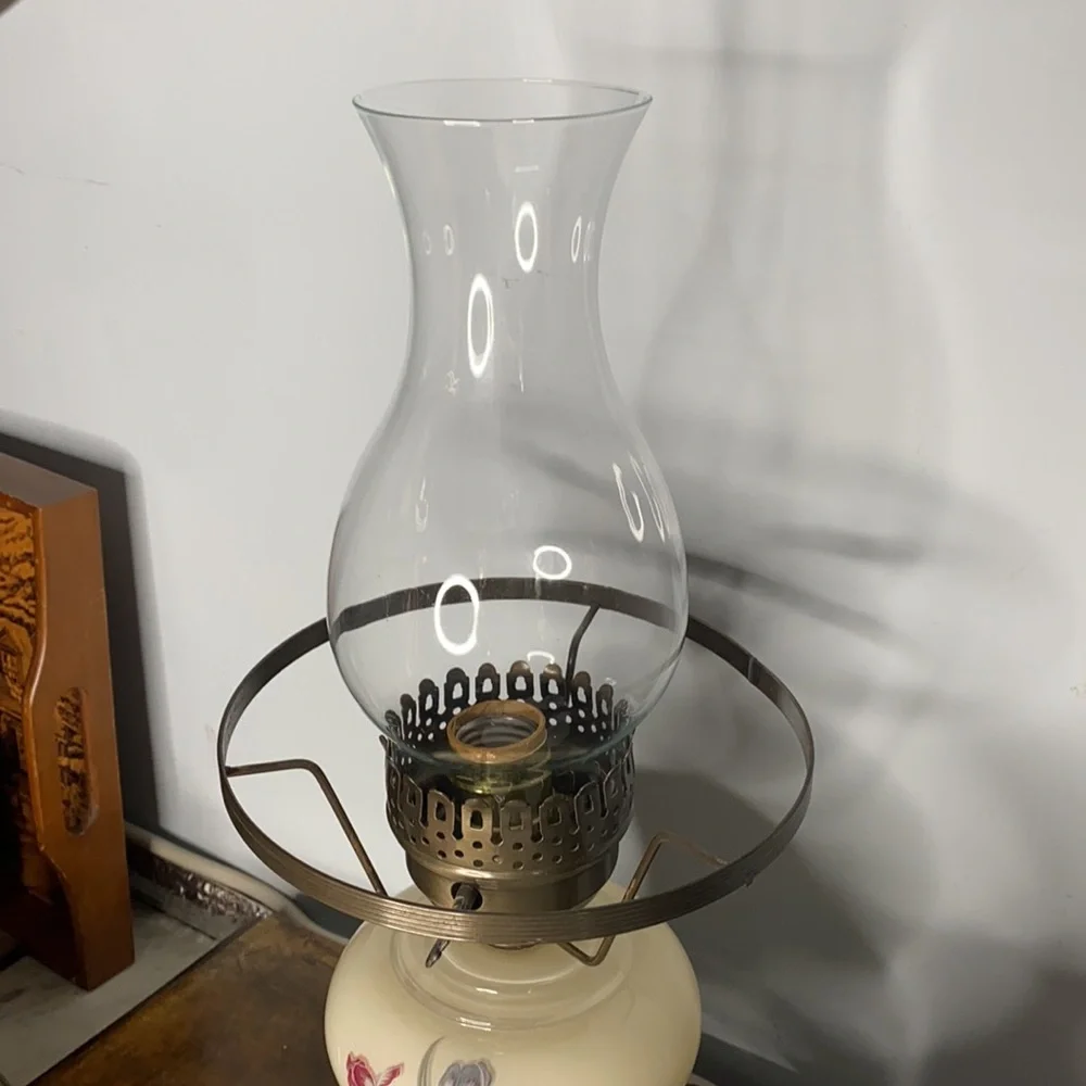 . Vintage Milk Glass Hurricane Lamp - Floral Pattern on Milk Glass Table Top